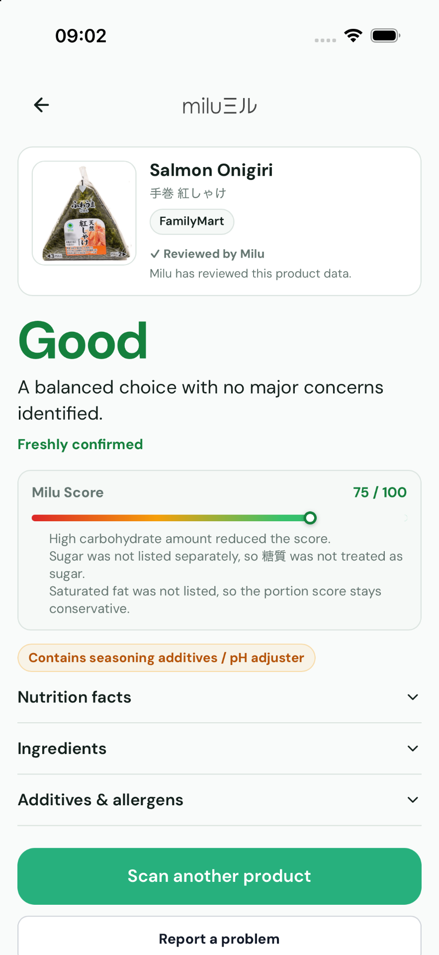 Milu result screen showing a Good score for Salmon Onigiri